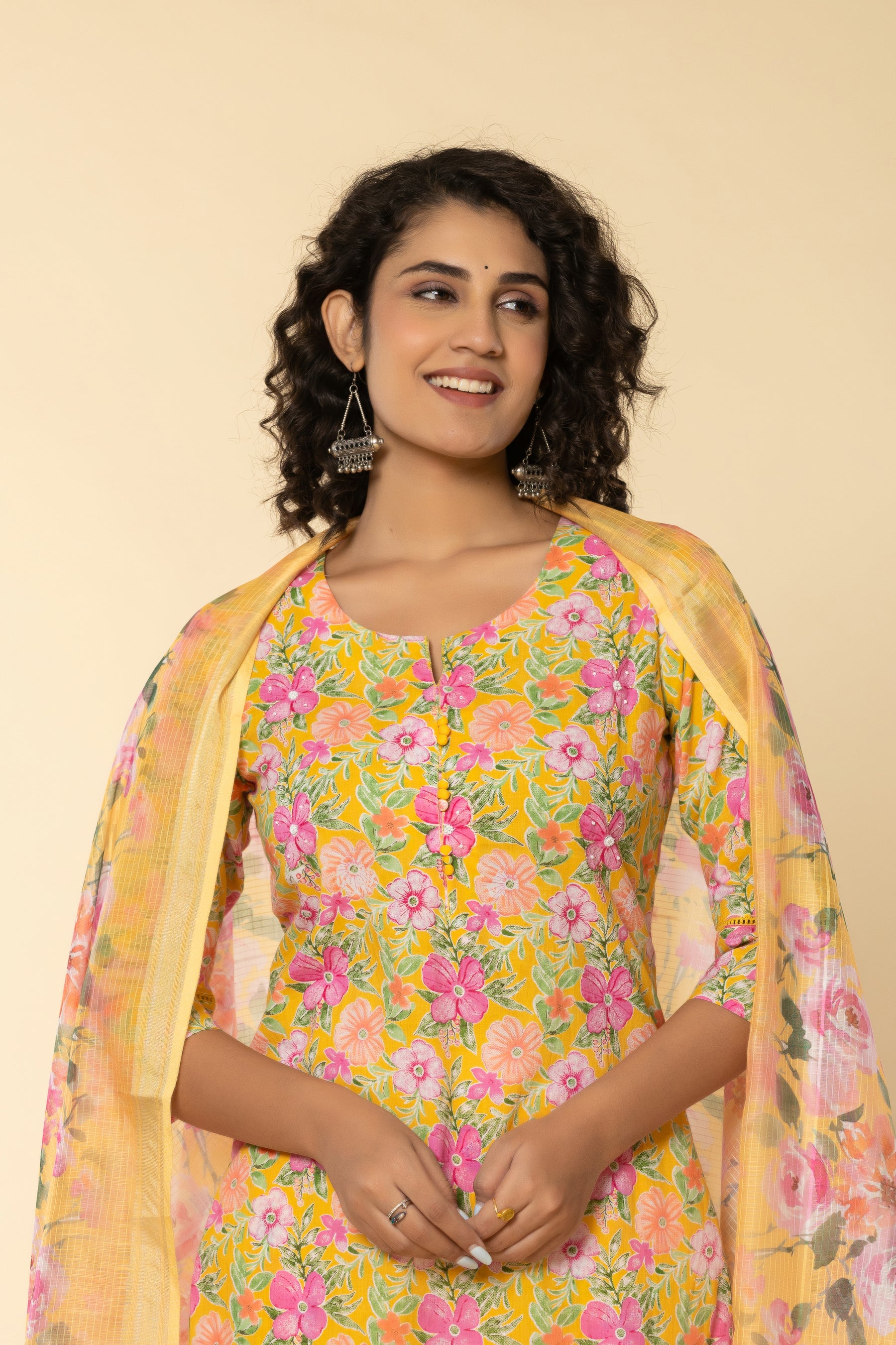 Cotton floral printed yellow kurta set