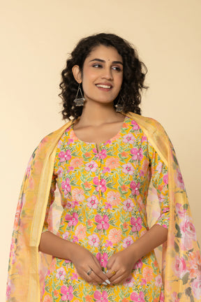 Cotton floral printed yellow kurta set