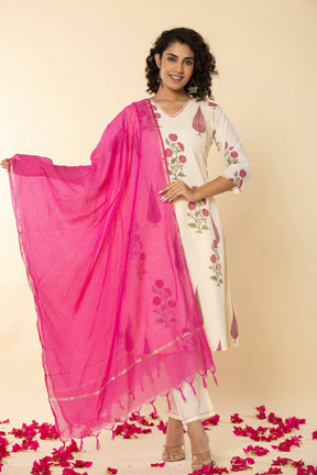 Cotton leaf printed pink kurta set with kota doria dupatta