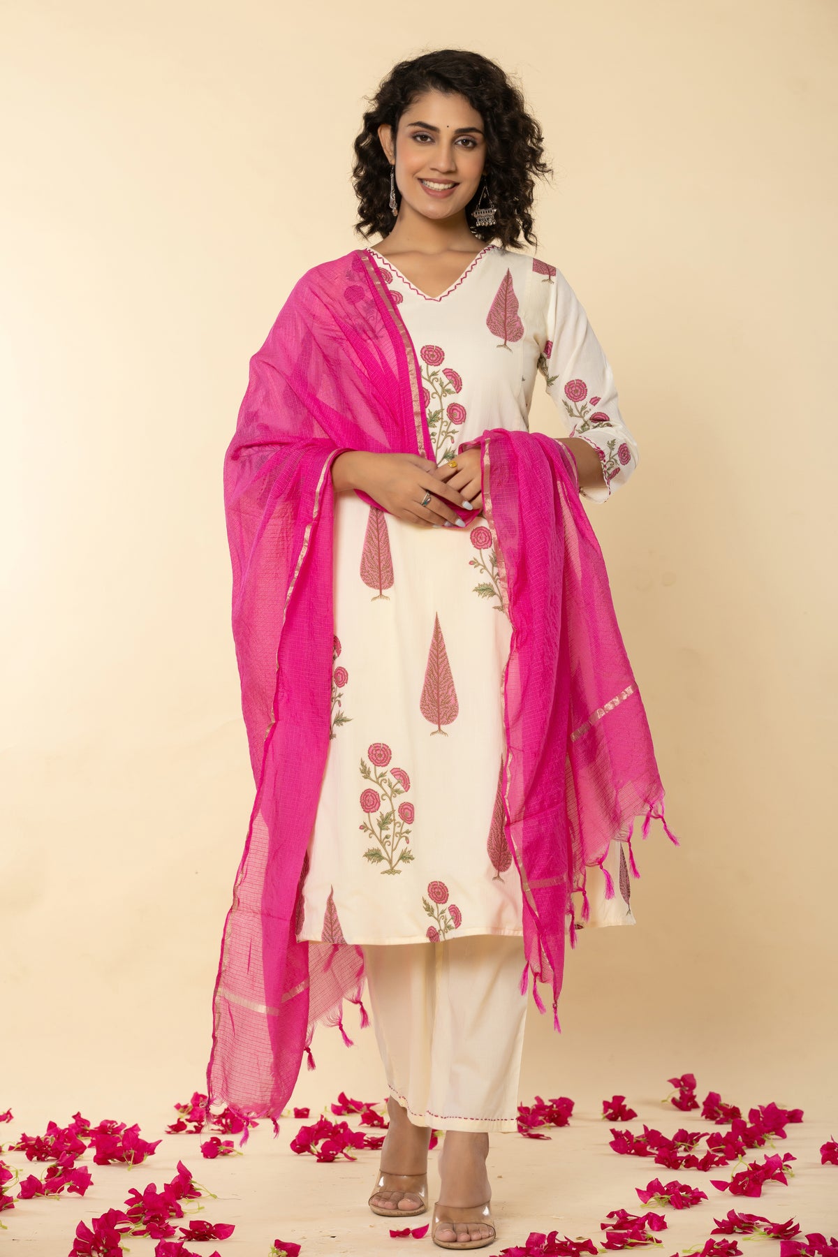 Cotton leaf printed pink kurta set with kota doria dupatta