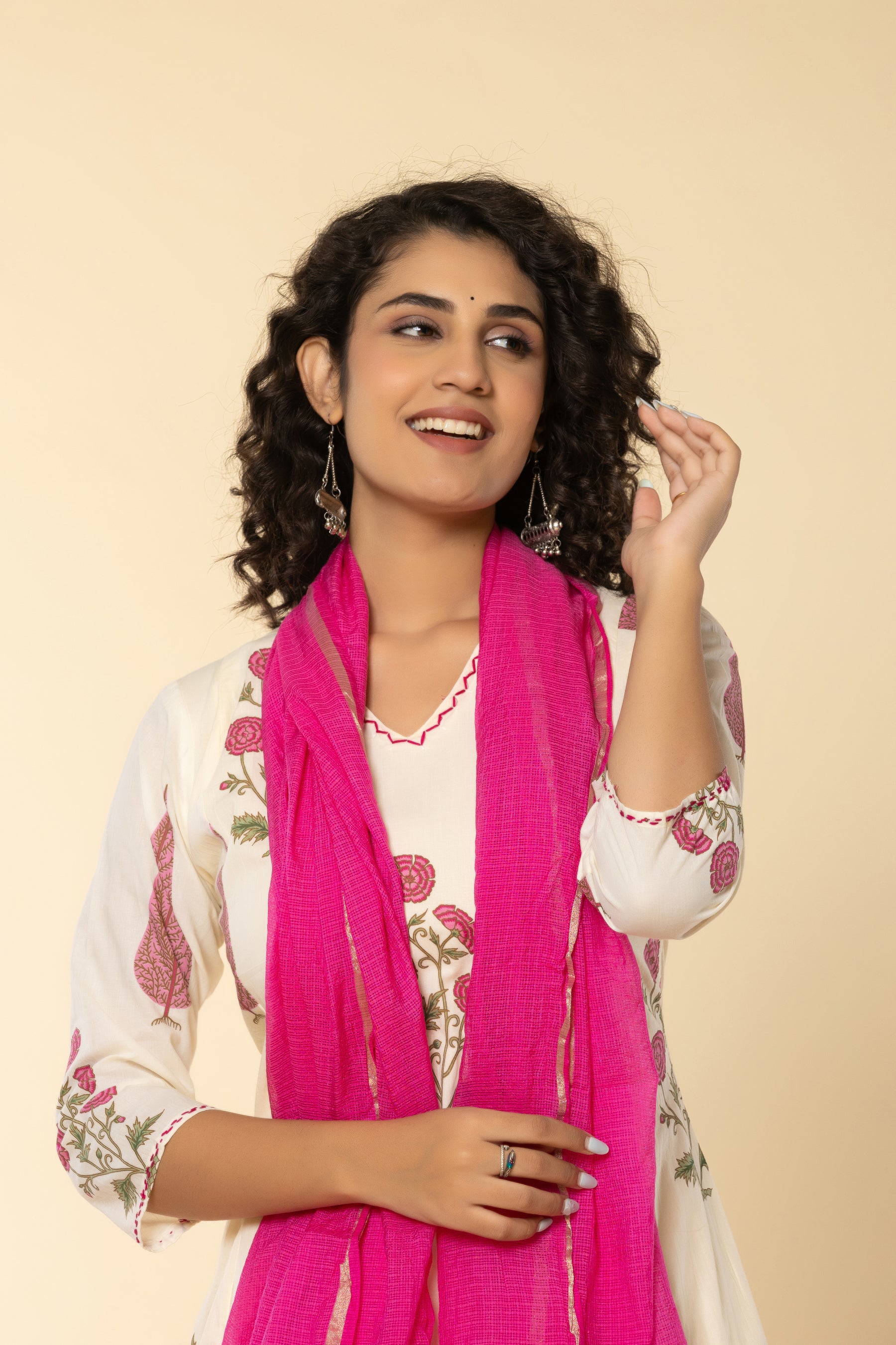 Cotton leaf printed pink kurta set with kota doria dupatta