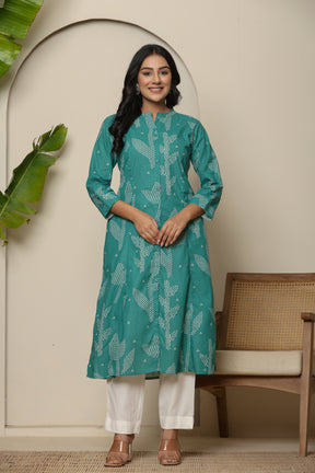 A-line button down green kurta