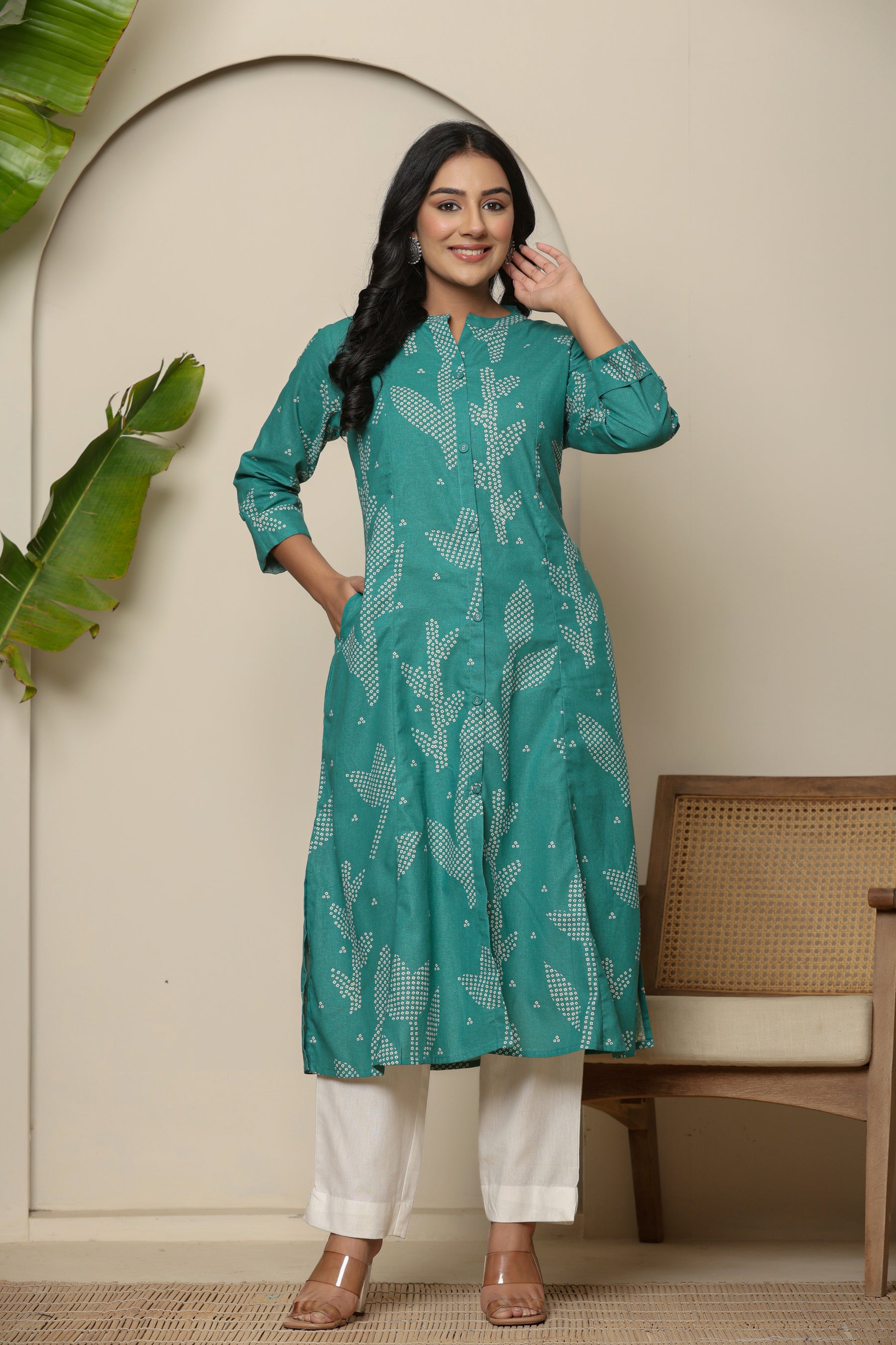 A-line button down green kurta