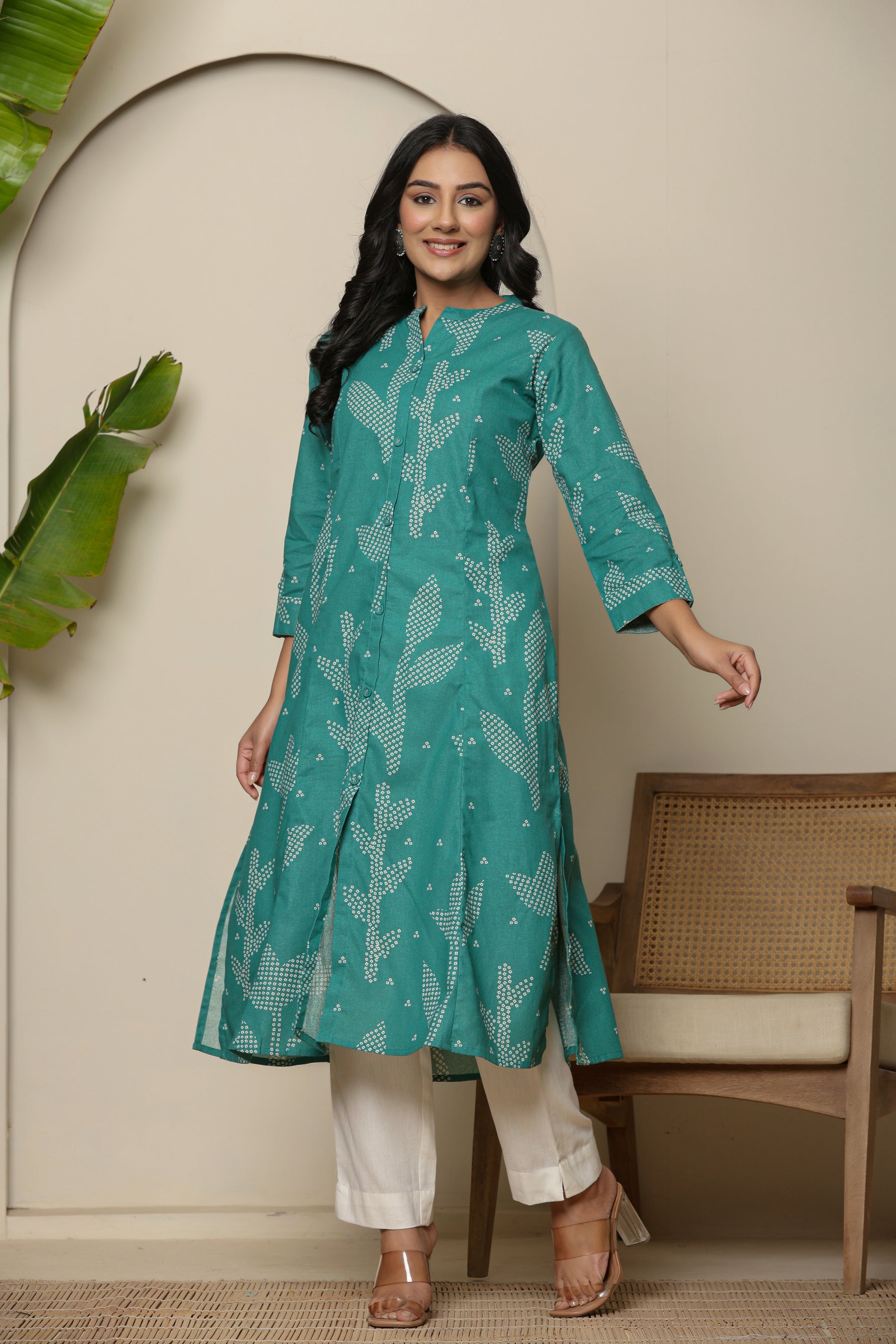 A-line button down green kurta