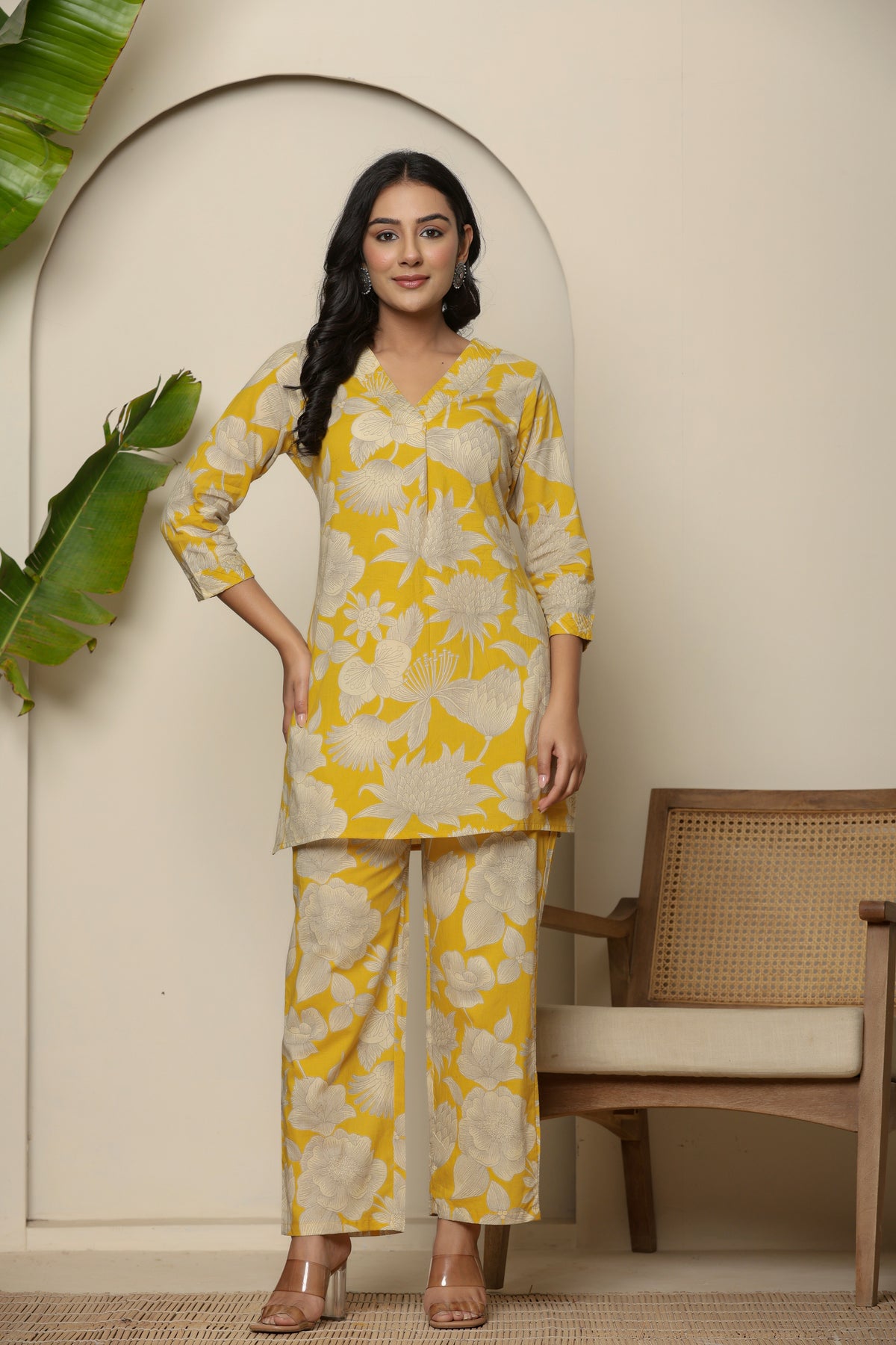 Yellow floral printed cotton co-ord set