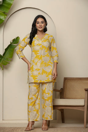 Yellow floral printed cotton co-ord set