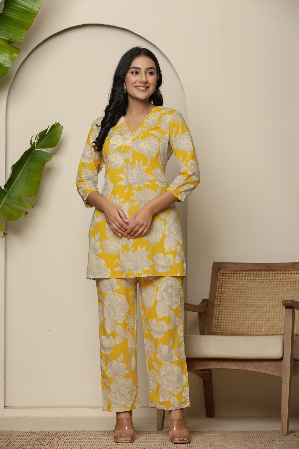 Yellow floral printed cotton co-ord set