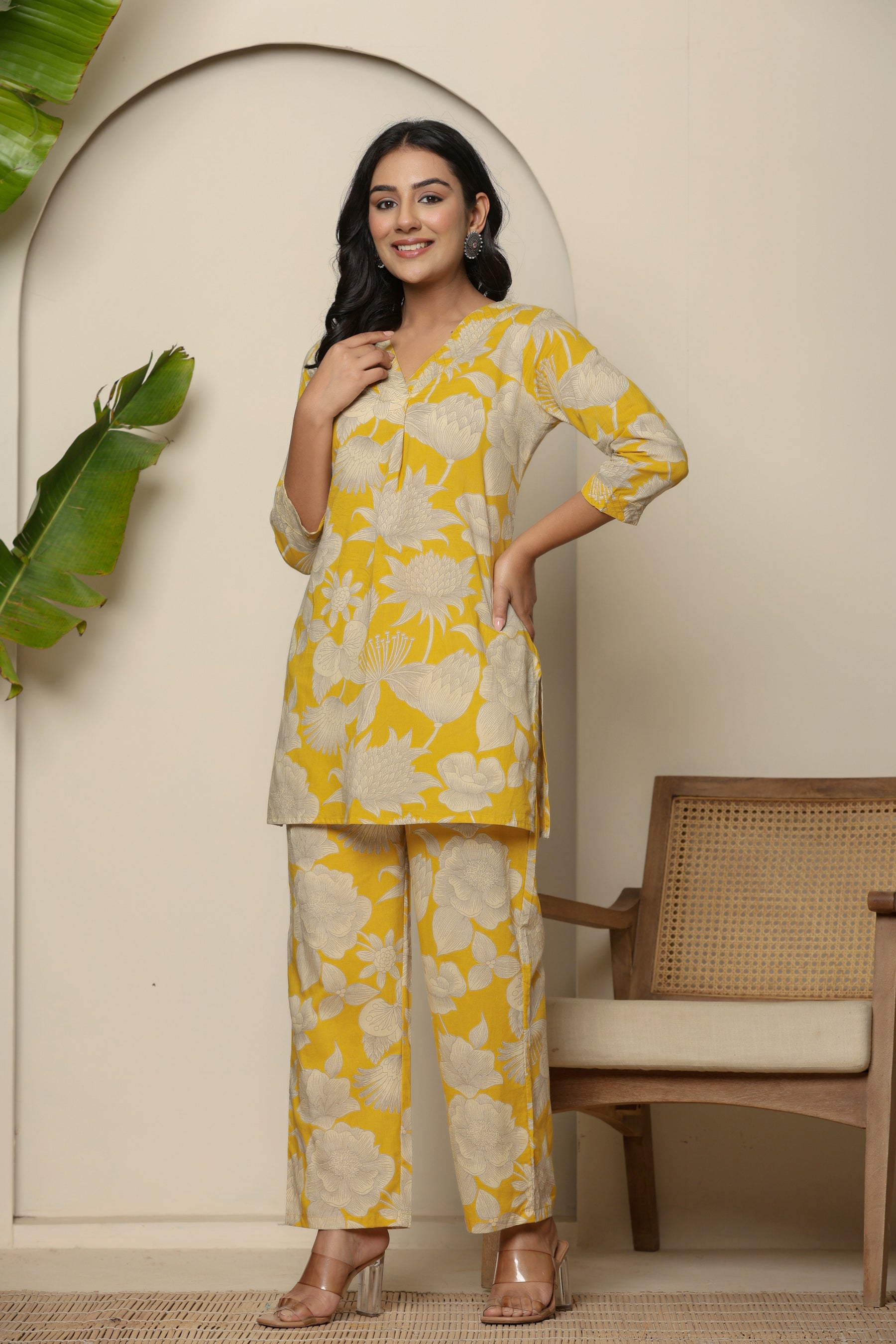 Yellow floral printed cotton co-ord set