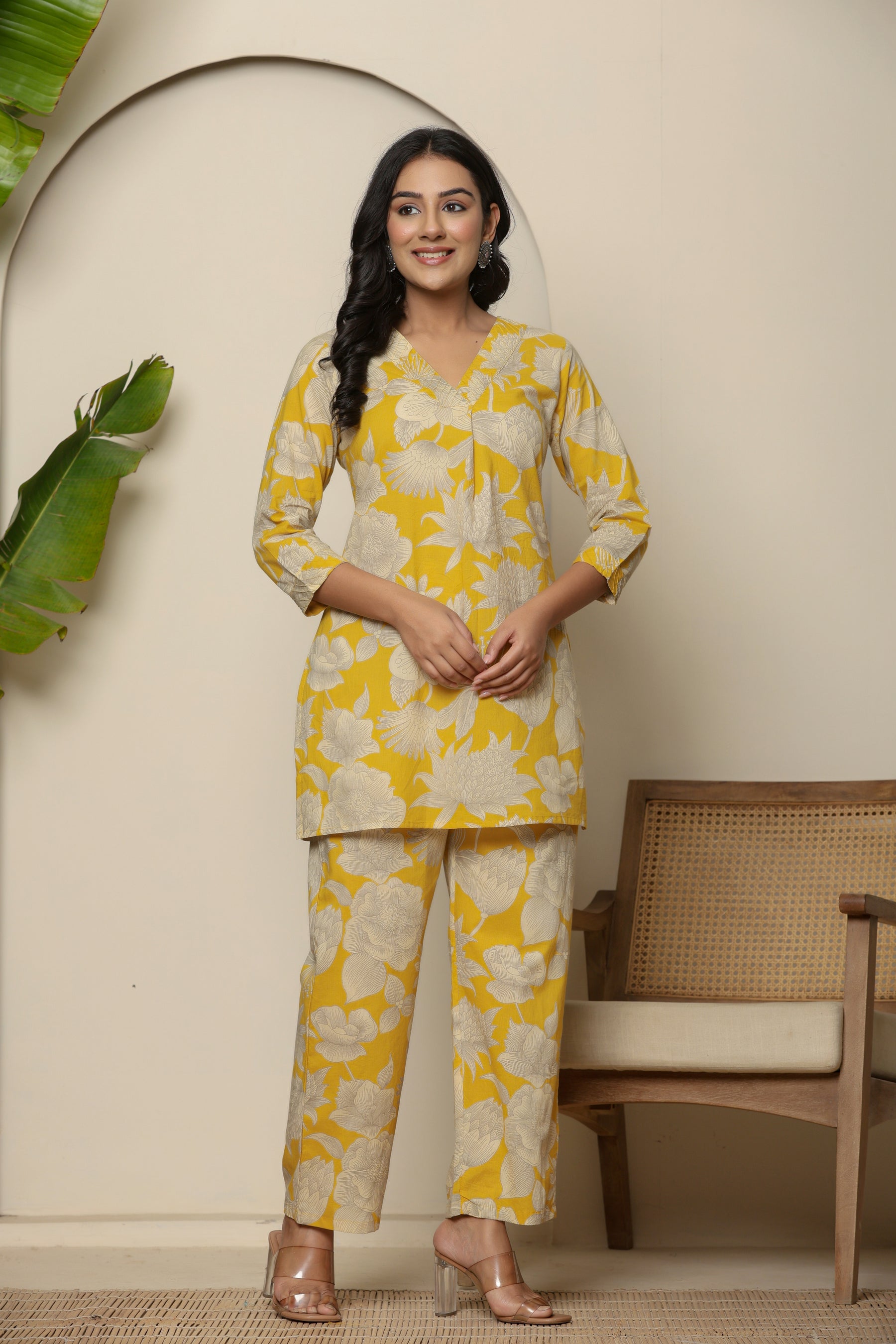 Yellow floral printed cotton co-ord set