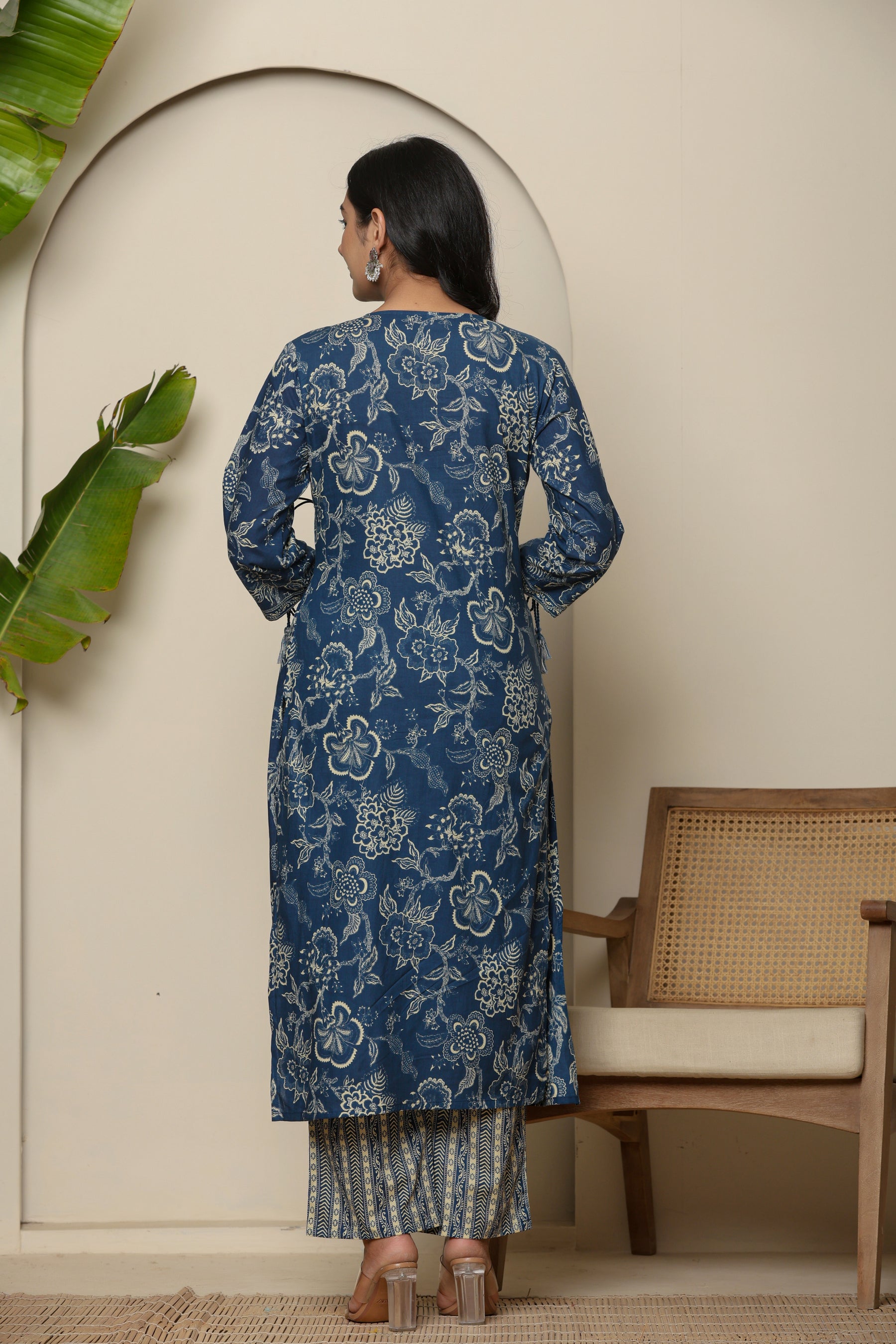 Angrakha cotton navy blue kurta set