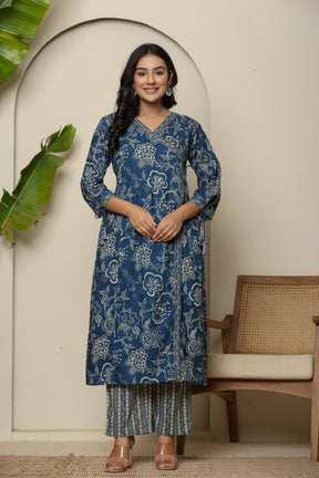 Angrakha cotton navy blue kurta set