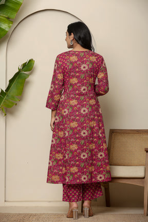 A-line cotton pink floral kurta set