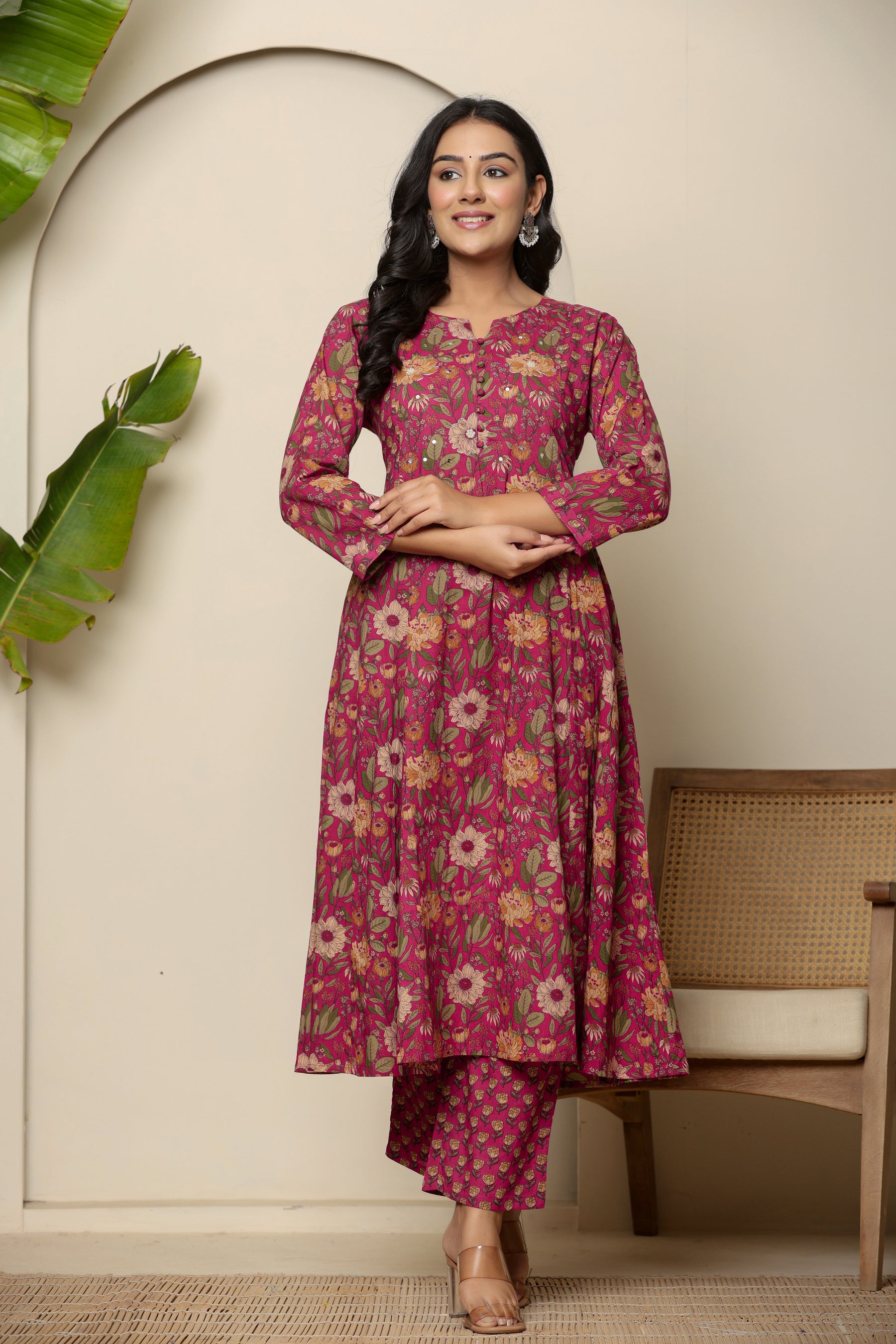 A-line cotton pink floral kurta set