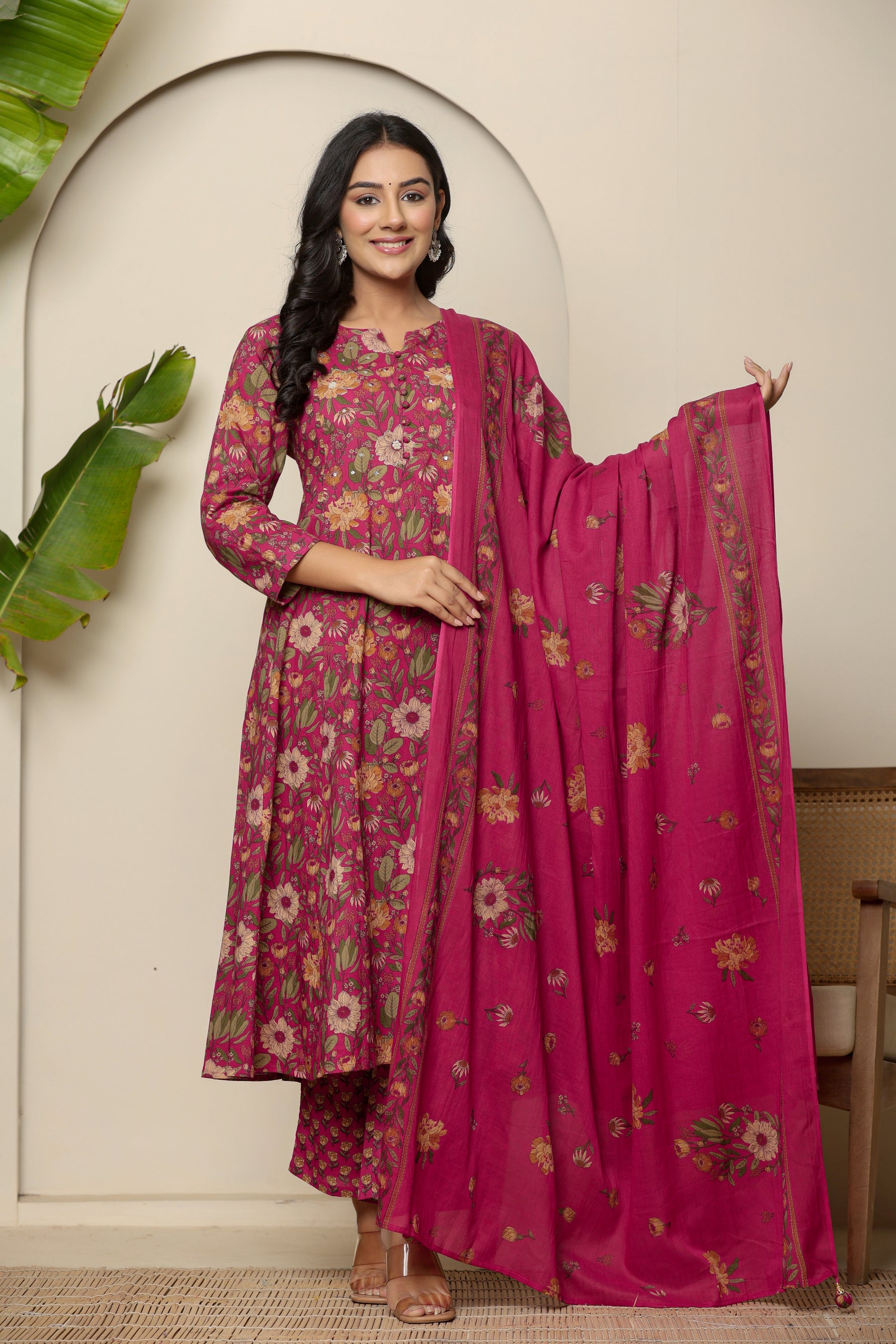 A-line cotton pink floral kurta set