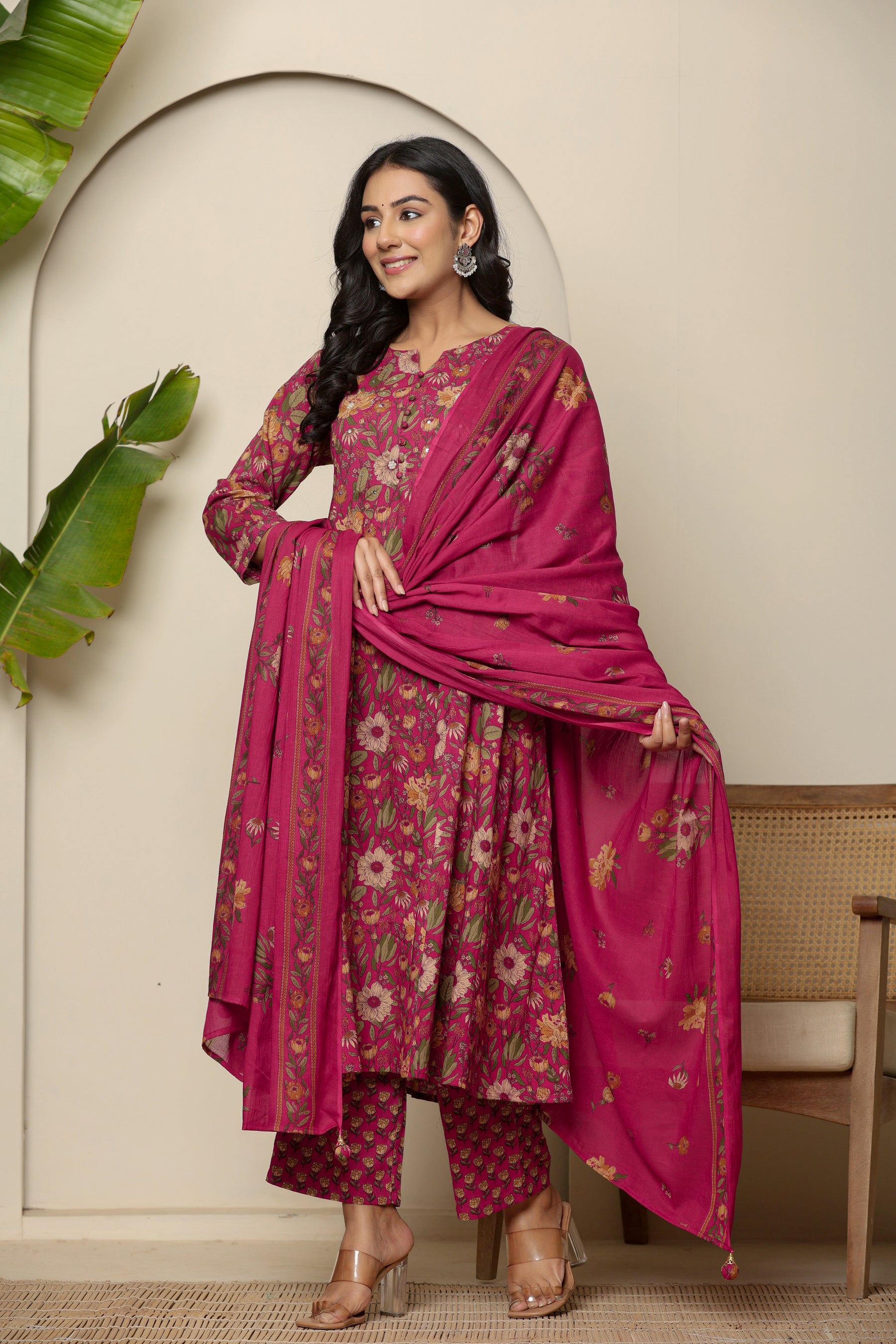 A-line cotton pink floral kurta set