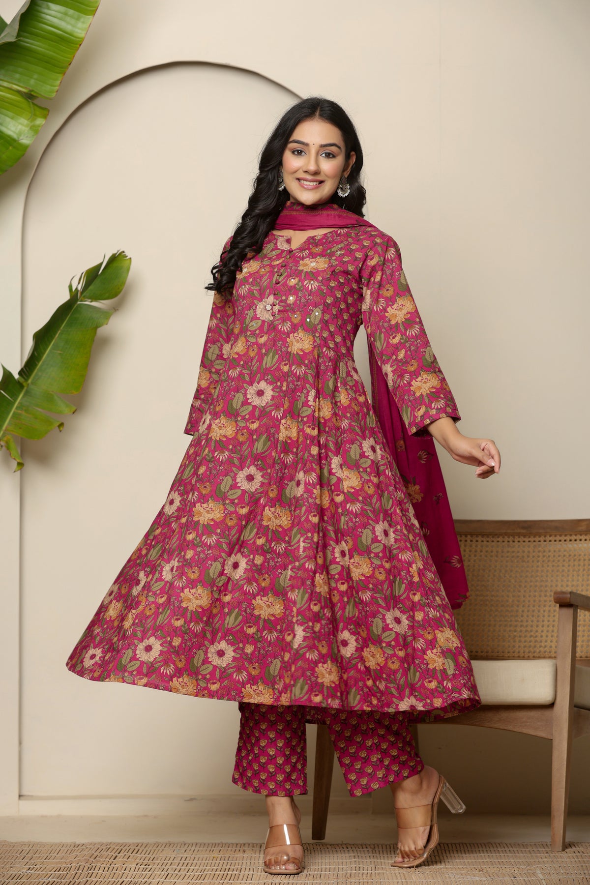 A-line cotton pink floral kurta set