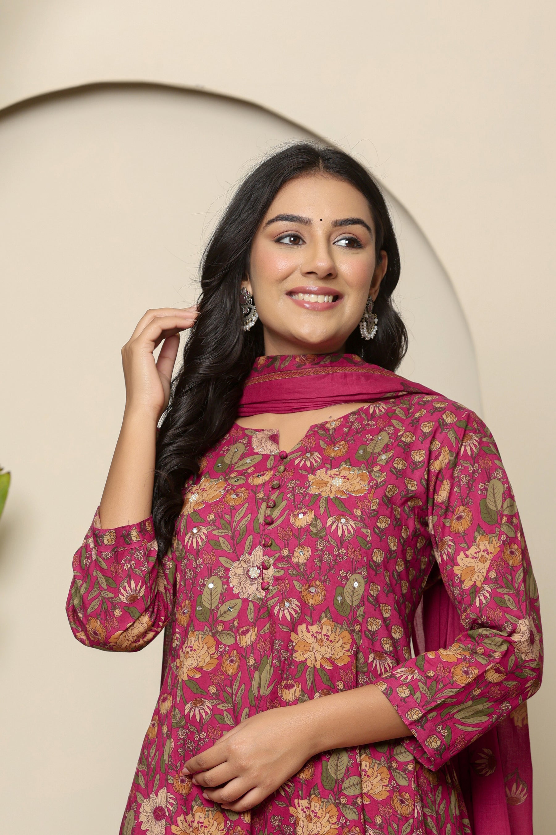 A-line cotton pink floral kurta set