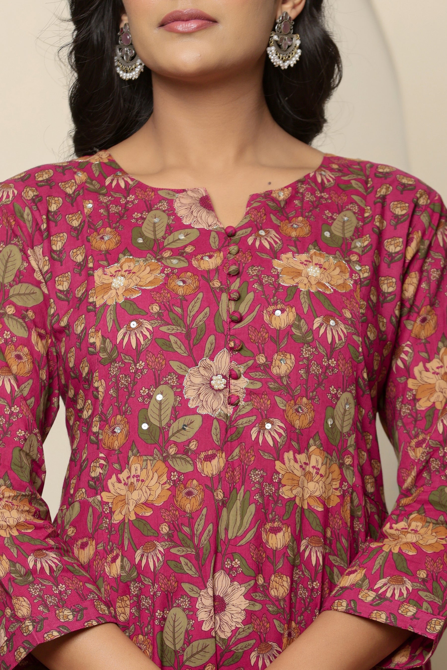 A-line cotton pink floral kurta set