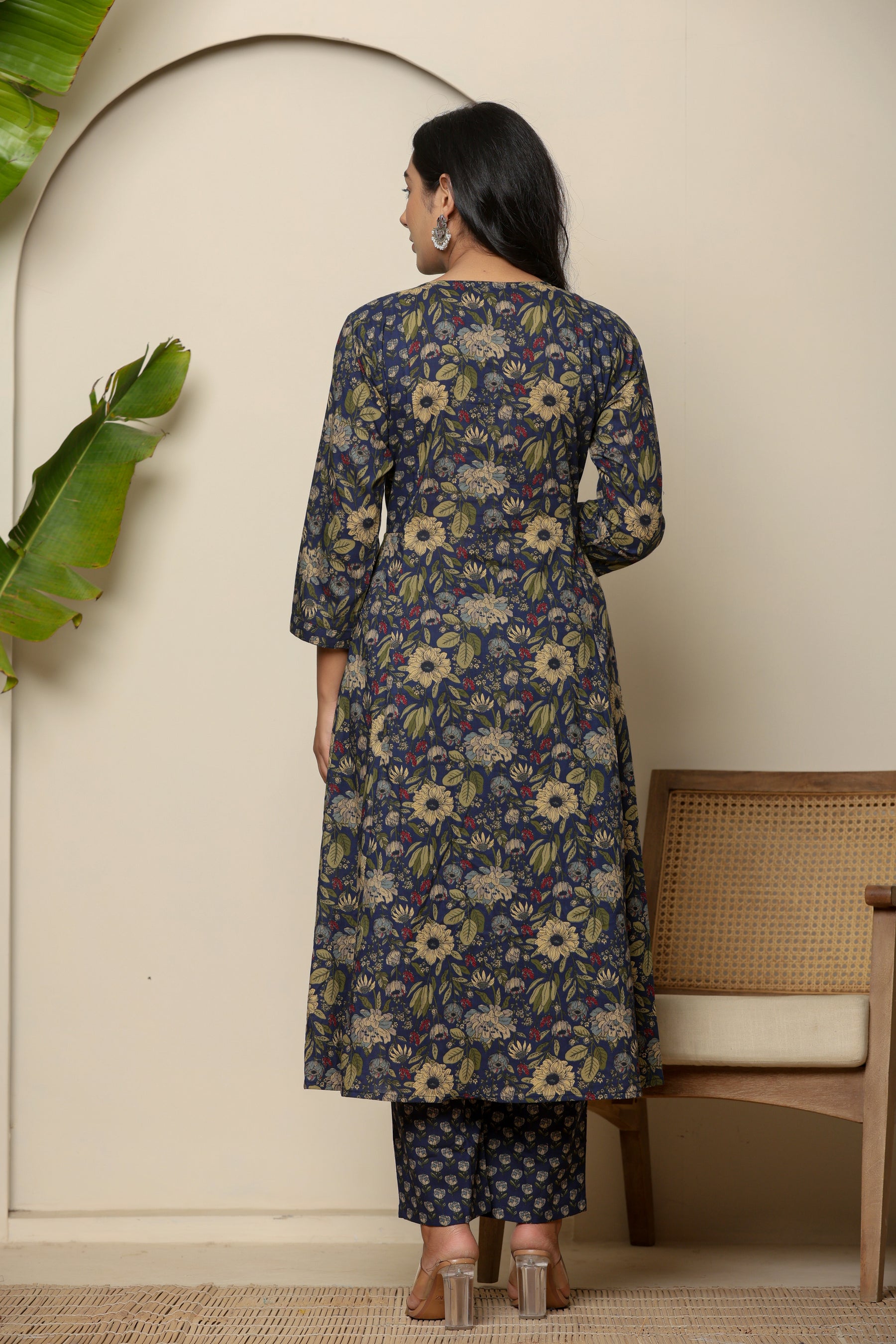 A-line cotton navy blue floral kurta set