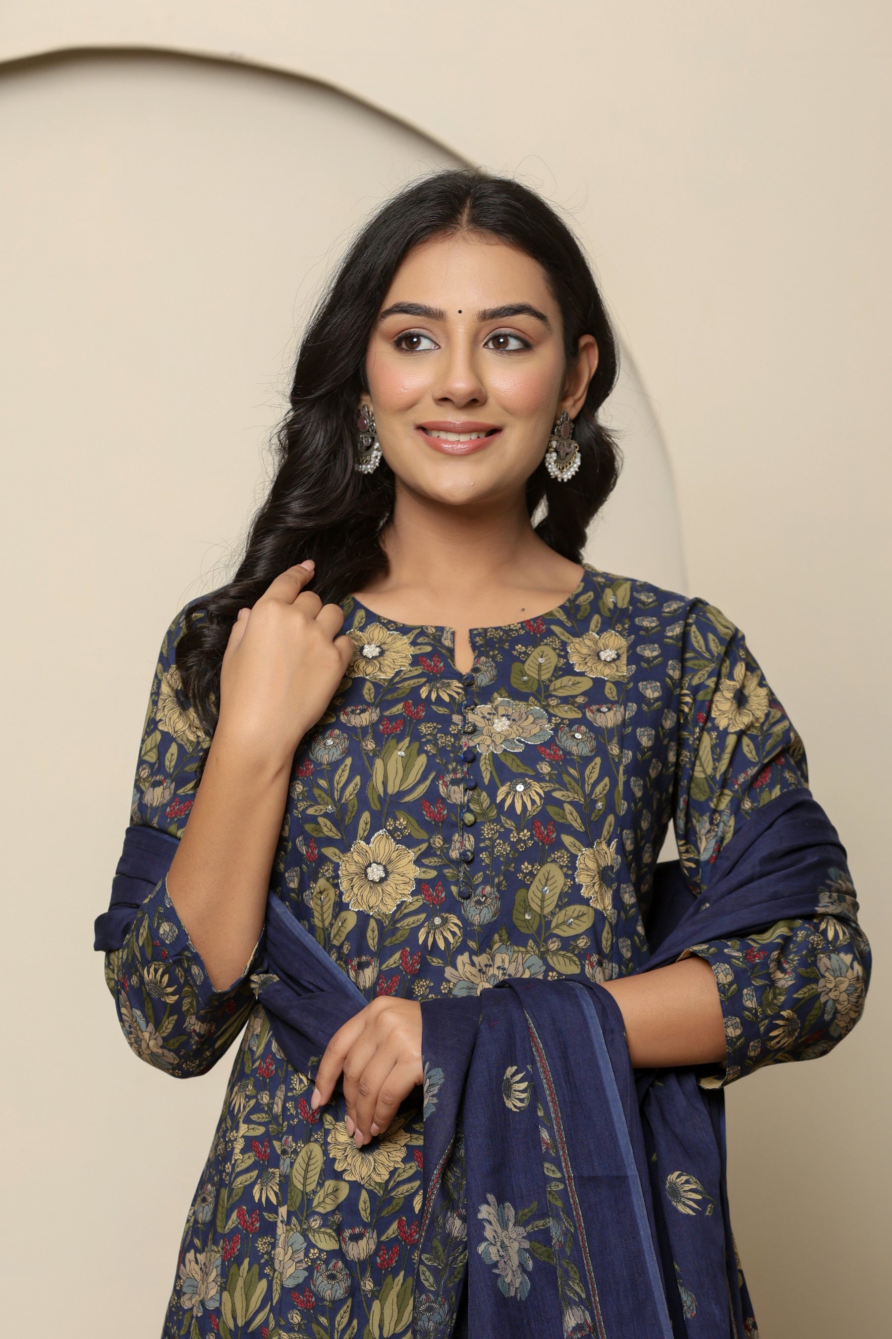 A-line cotton navy blue floral kurta set