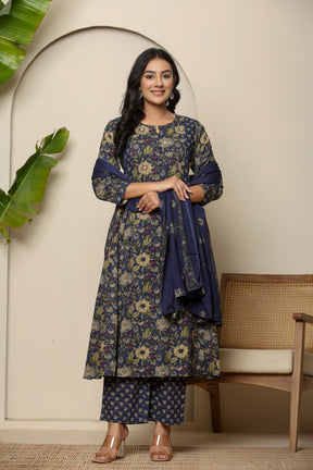 A-line cotton navy blue floral kurta set