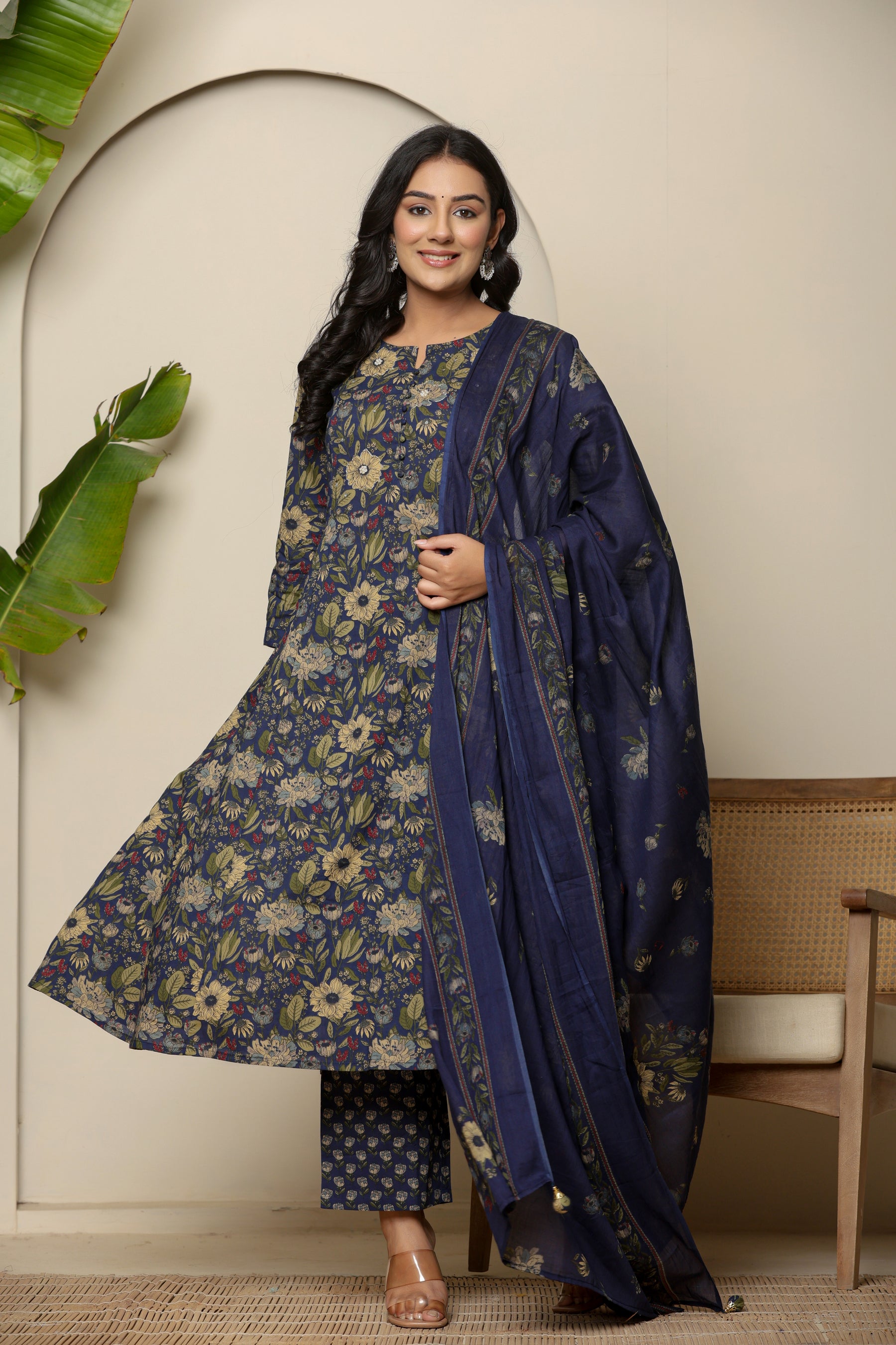 A-line cotton navy blue floral kurta set