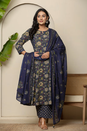 A-line cotton navy blue floral kurta set