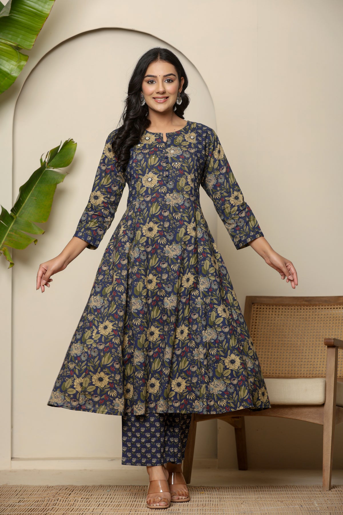 A-line cotton navy blue floral kurta set