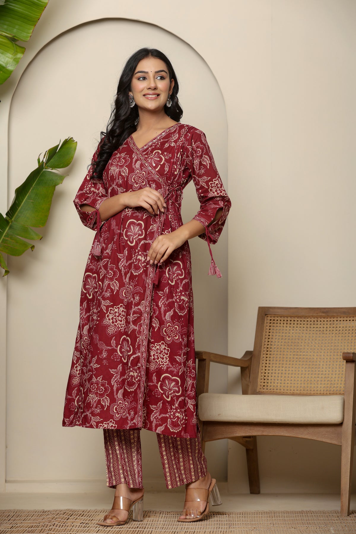 Angrakha cotton maroon kurta set