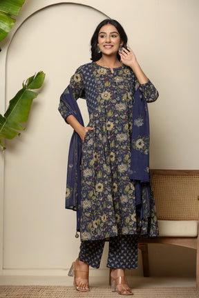 A-line cotton navy blue floral kurta set