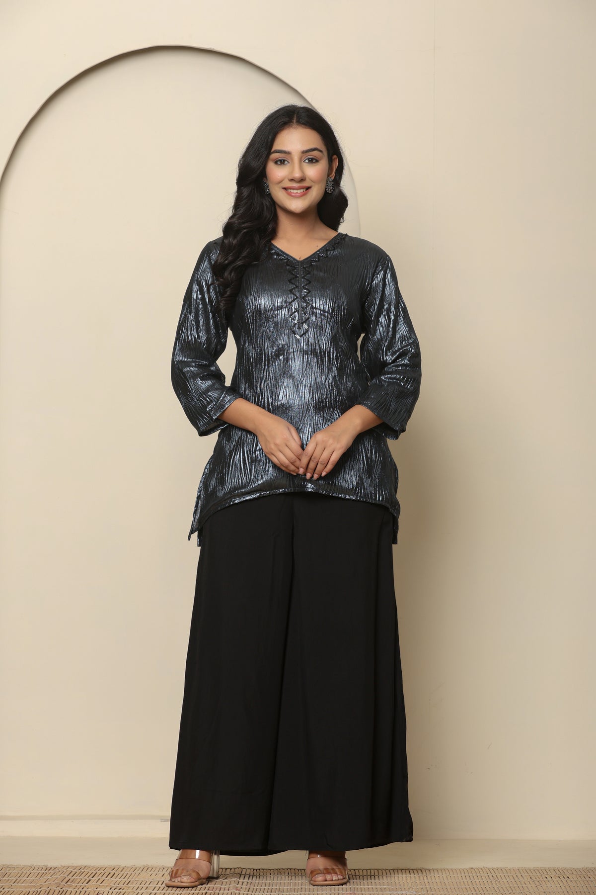 Metallic black viscose short kurta with black palazzo