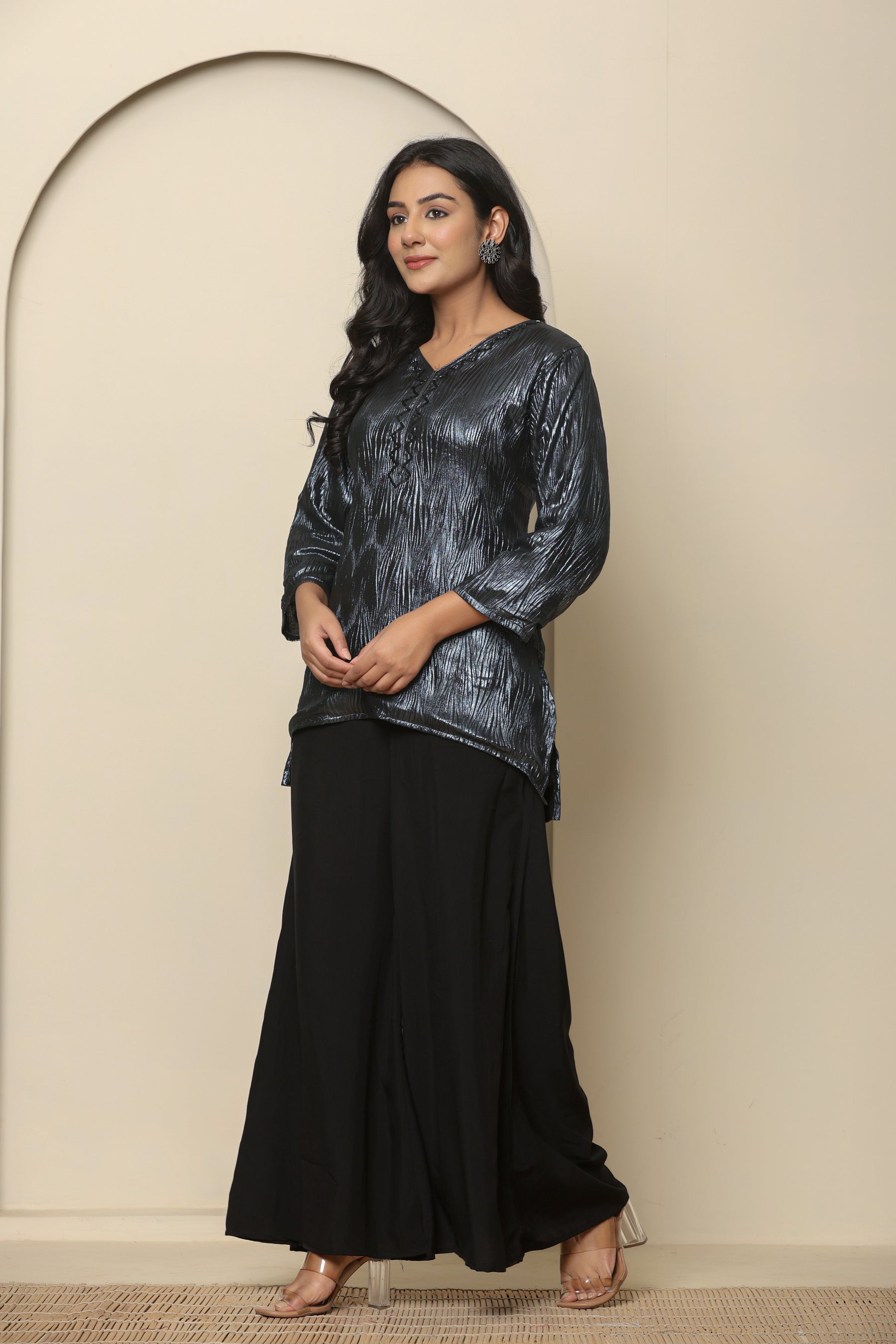 Metallic black viscose short kurta with black palazzo