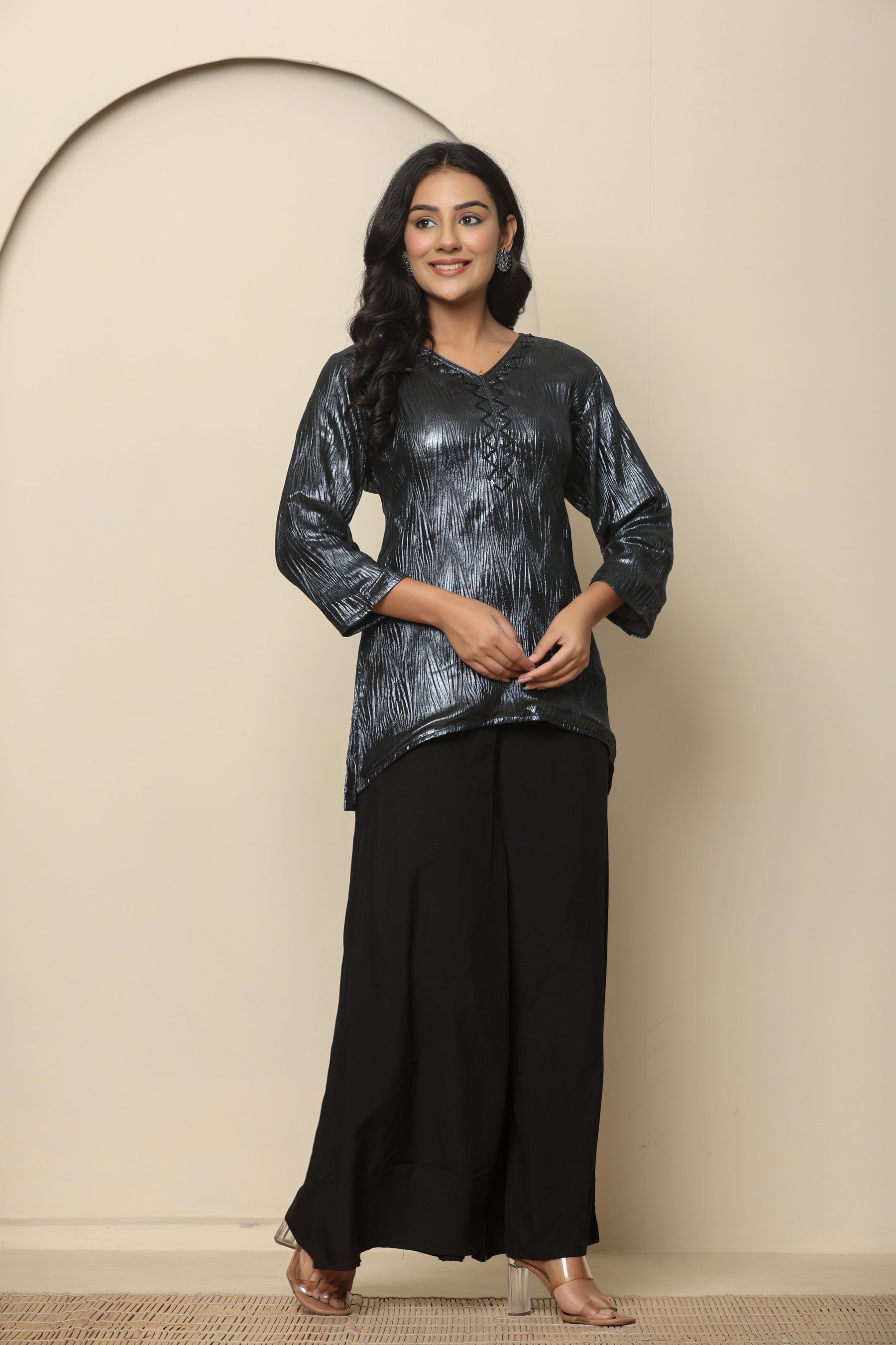 Metallic black viscose short kurta with black palazzo