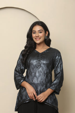 Metallic black viscose short kurta with black palazzo