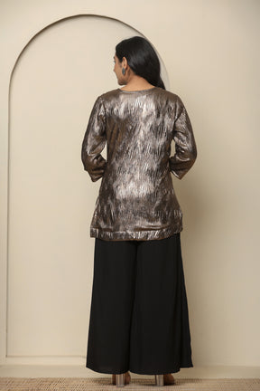 Metallic brown viscose short kurta with black palazzo