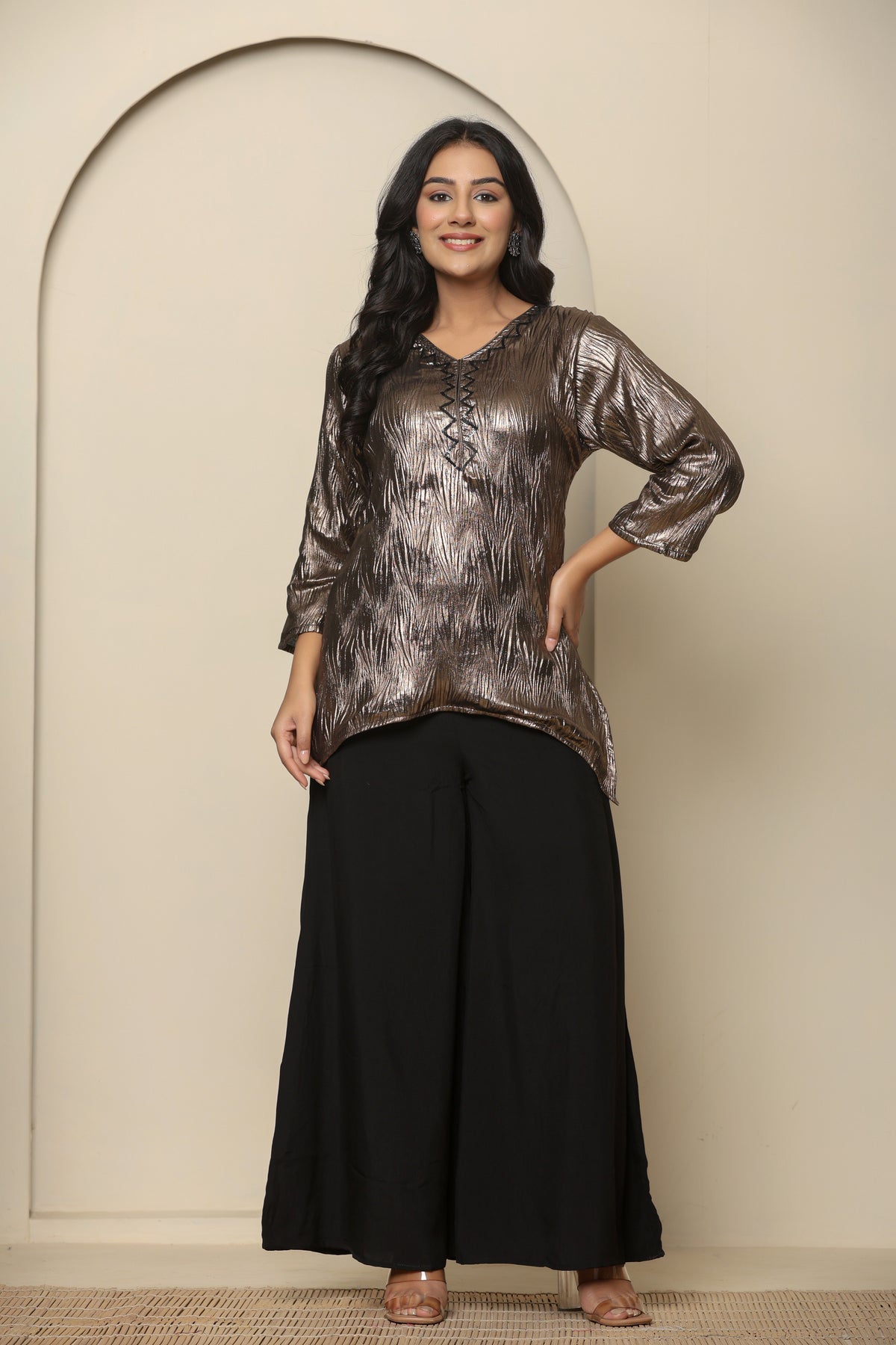 Metallic brown viscose short kurta with black palazzo