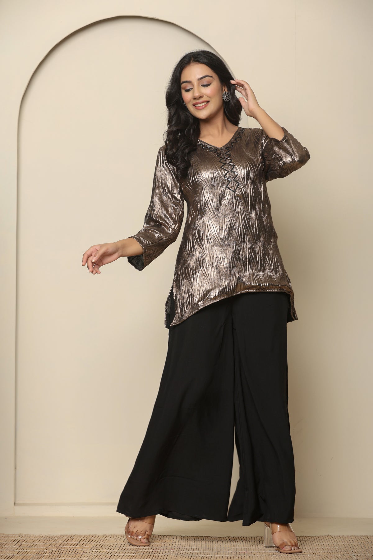 Metallic brown viscose short kurta with black palazzo