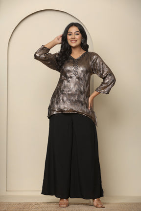 Metallic brown viscose short kurta with black palazzo