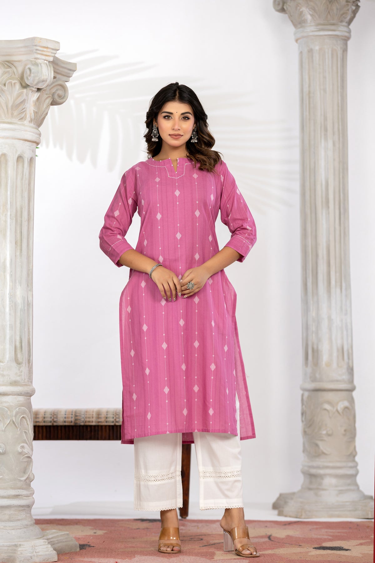 South Cotton Self Weaved Pink Kurta set with Dupatta