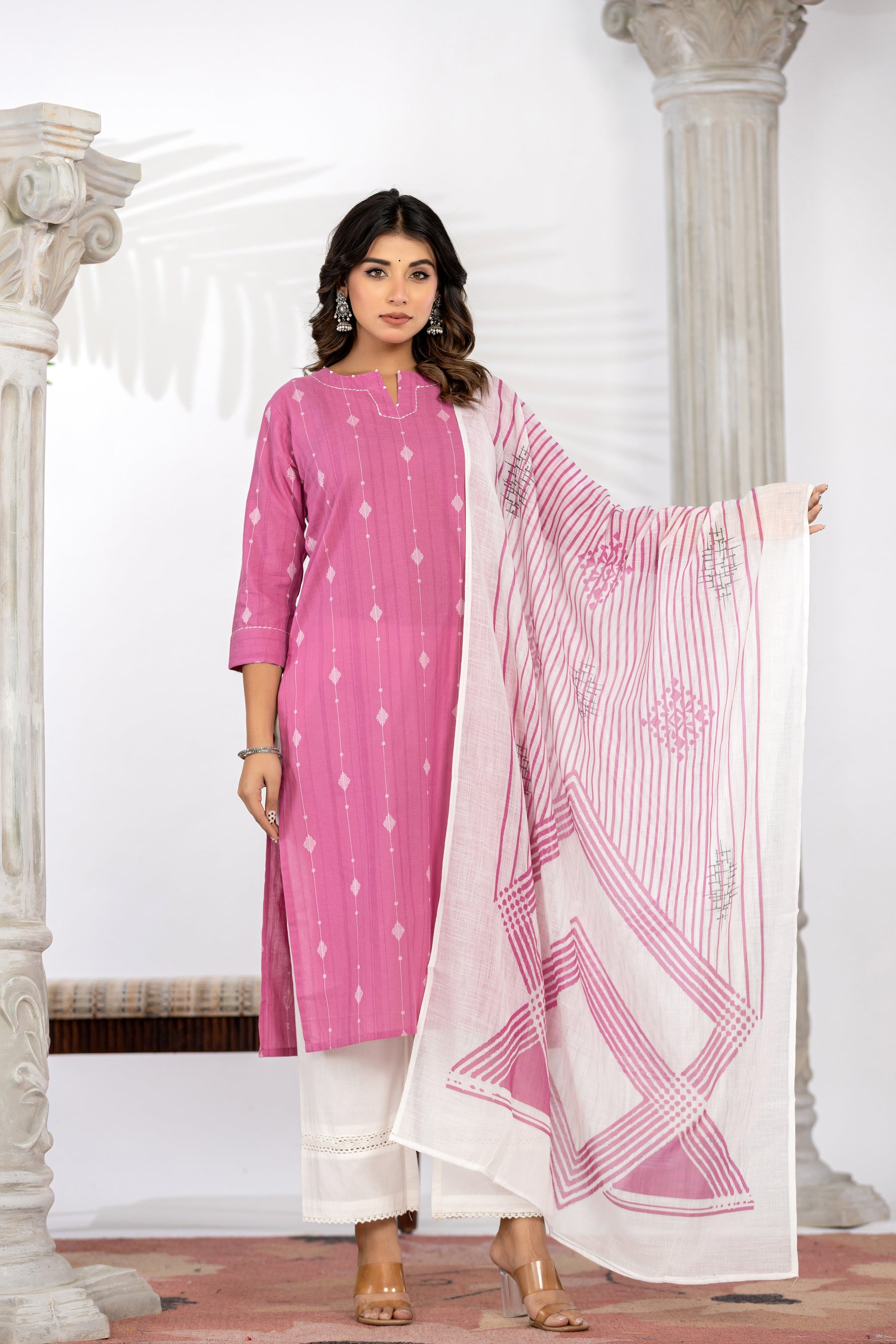 South Cotton Self Weaved Pink Kurta set with Dupatta