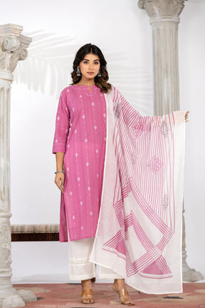 South Cotton Self Weaved Pink Kurta set with Dupatta