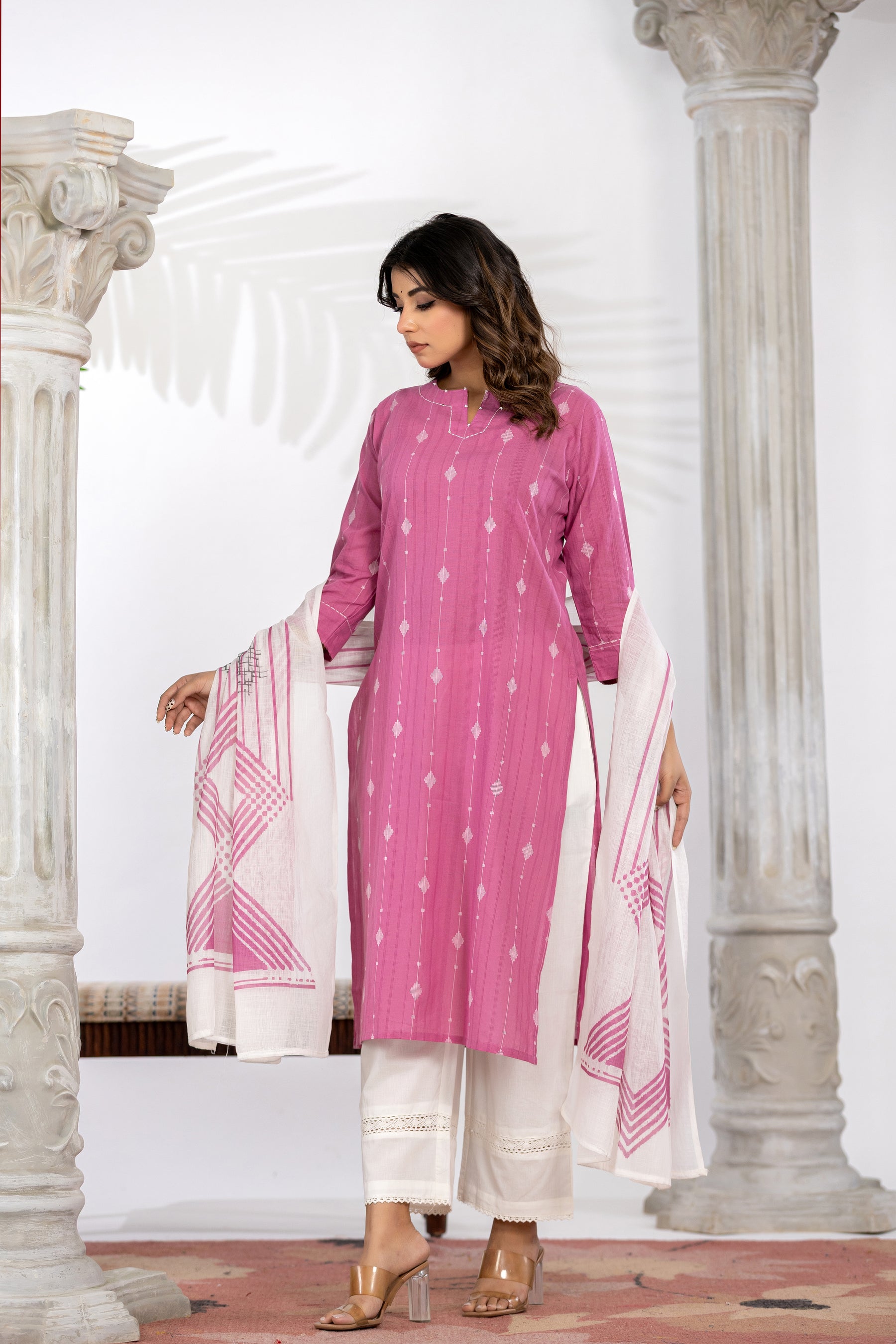 South Cotton Self Weaved Pink Kurta set with Dupatta