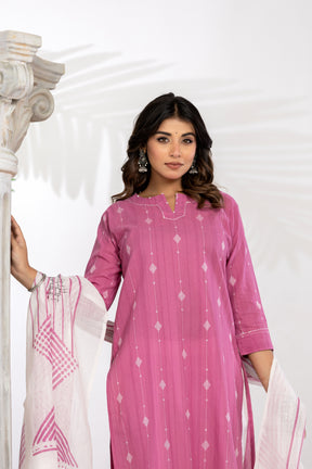 South Cotton Self Weaved Pink Kurta set with Dupatta