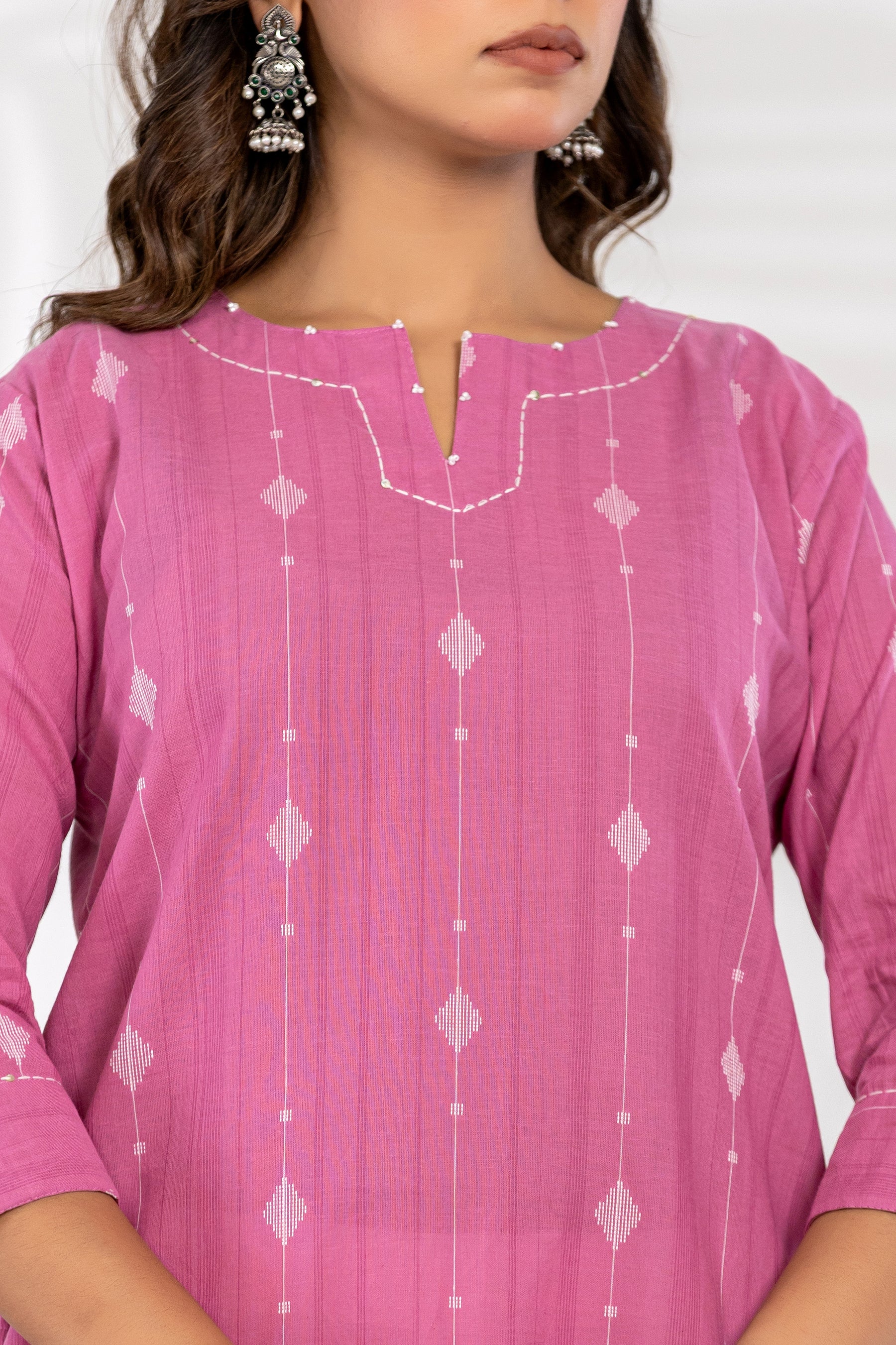 South Cotton Self Weaved Pink Kurta set with Dupatta