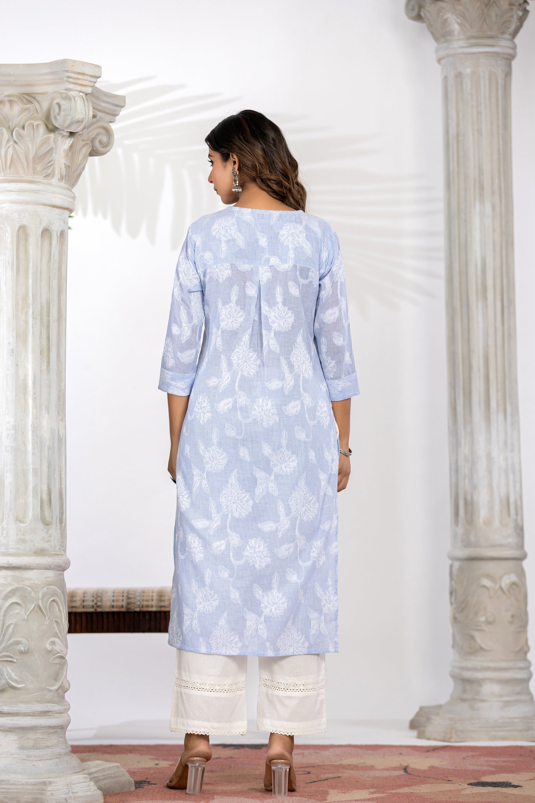 Blue Self-Weaved Kurta Set with Dupatta