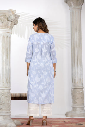 Blue Self-Weaved Kurta Set with Dupatta