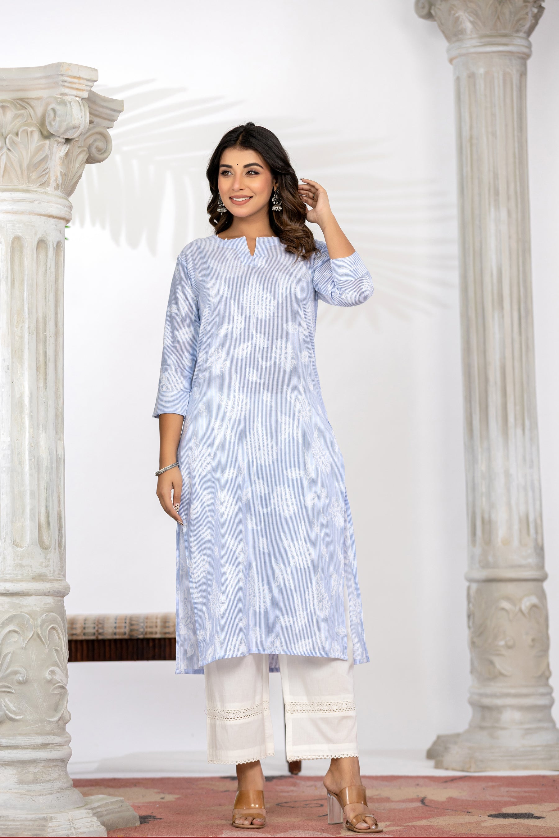 Blue Self-Weaved Kurta Set with Dupatta