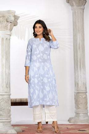 Blue Self-Weaved Kurta Set with Dupatta