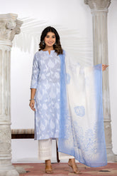 Blue Self-Weaved Kurta Set with Dupatta