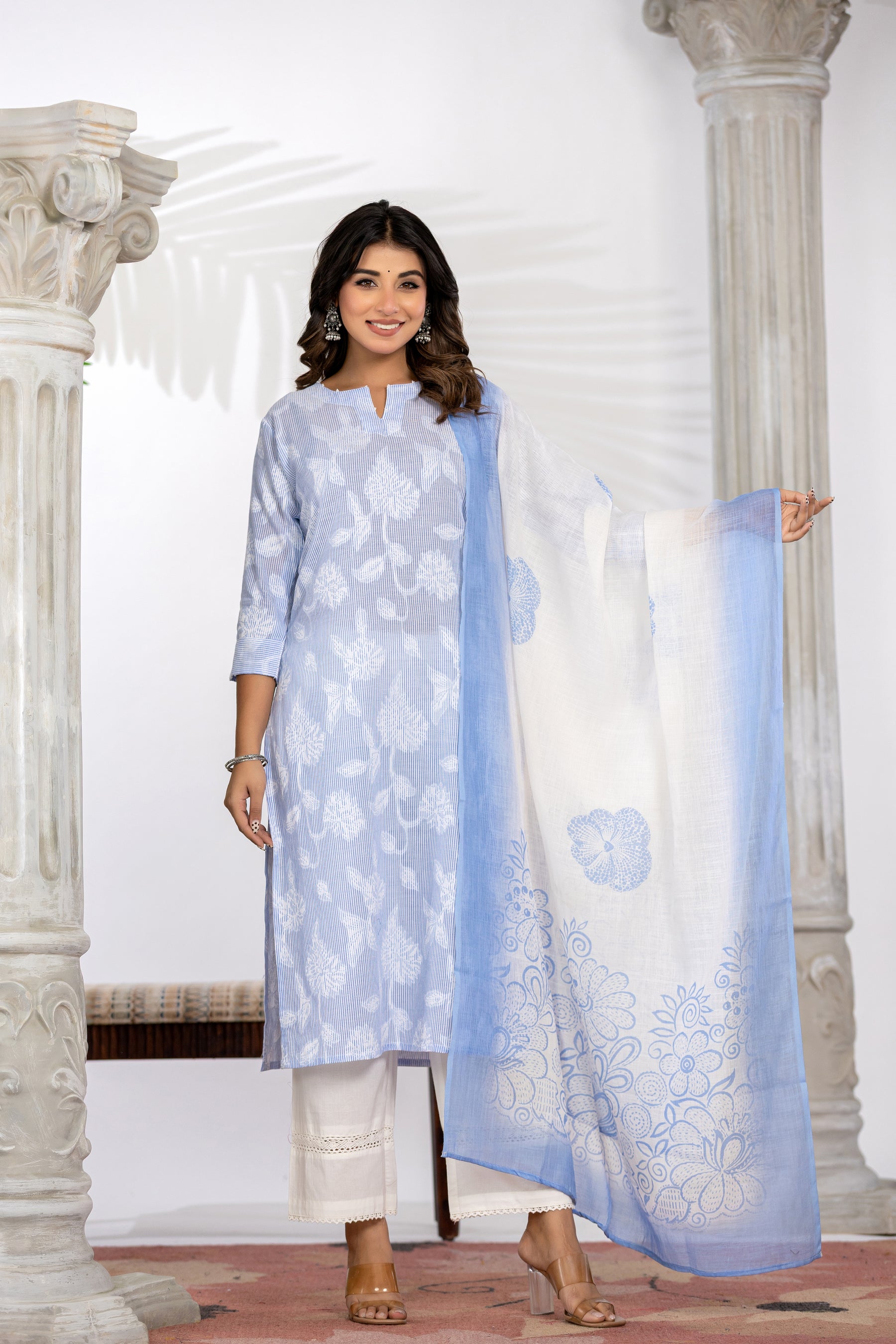 Blue Self-Weaved Kurta Set with Dupatta